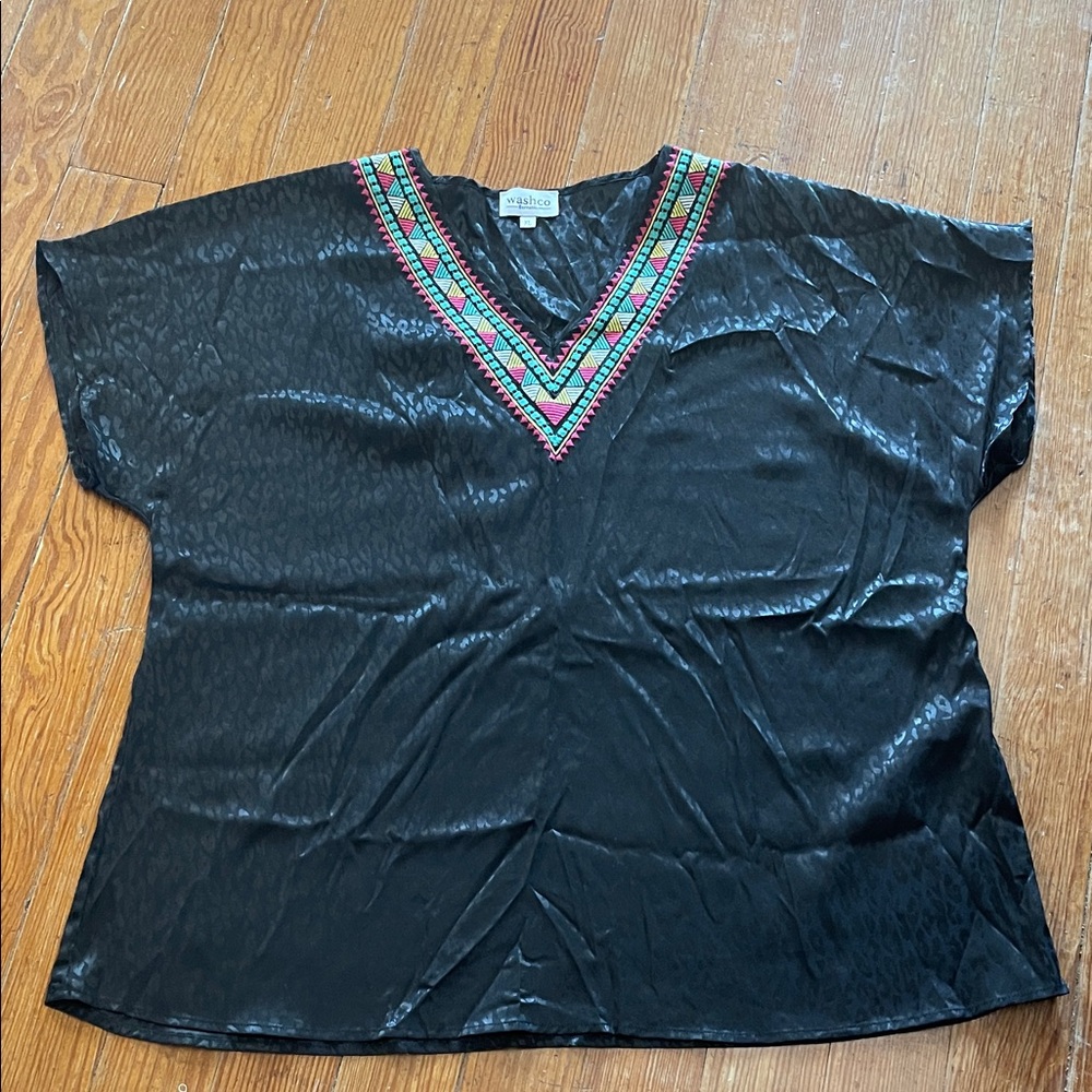 Chic Black Blouse with Colorful Embroidered V-Neck